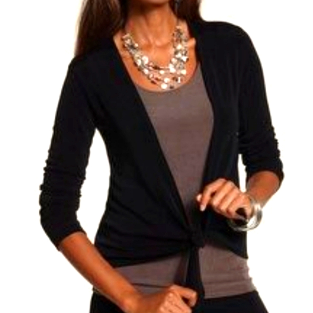 Chico's Travelers Size (3/XL/16) Black Open SS Waist Tie Non-Wrinkle Cardigan